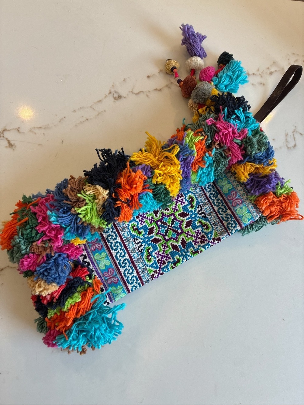 Anthropologie Colorful Boho Pom-Pom Embroidered Clutch